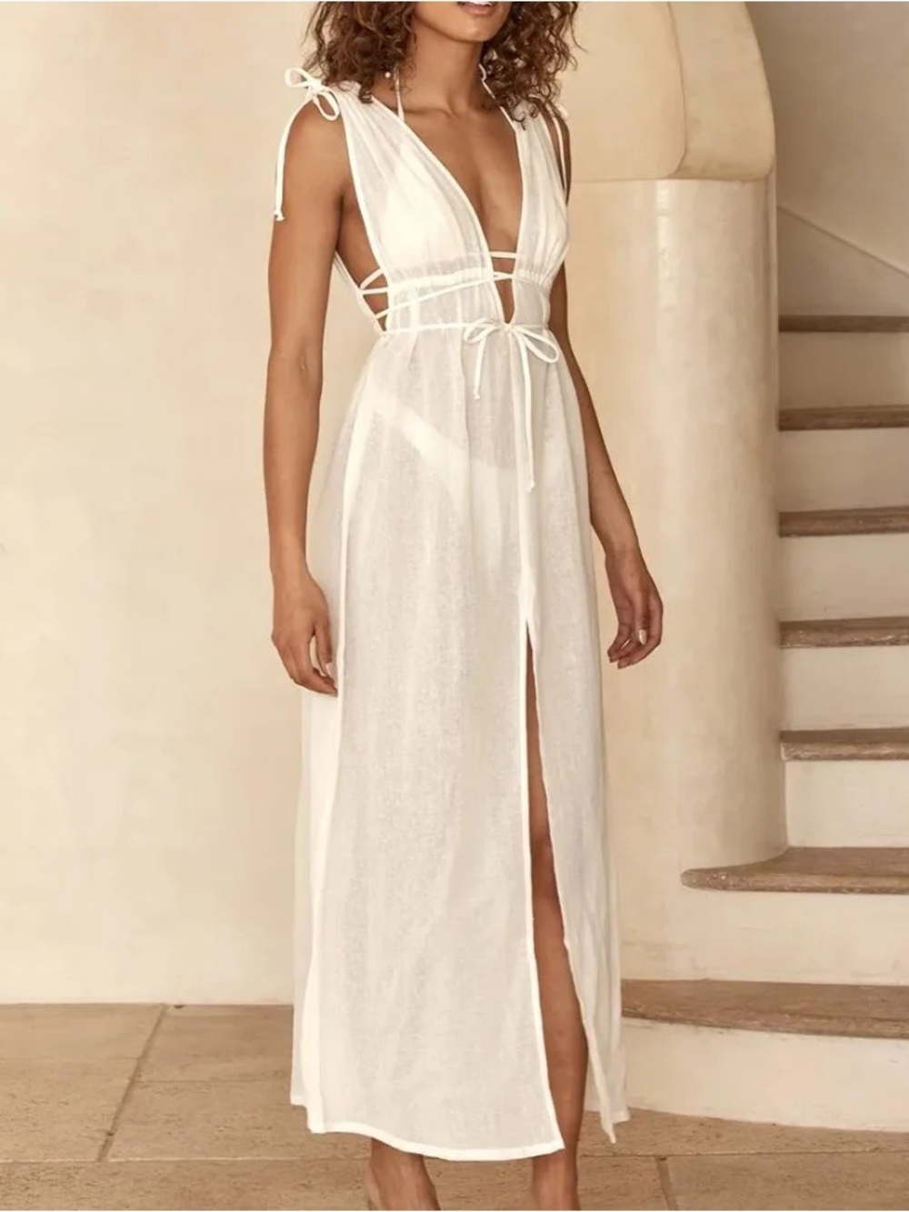 Monday Swimwear White Sheer Tie-Front Maxi Swim Coverup with tags